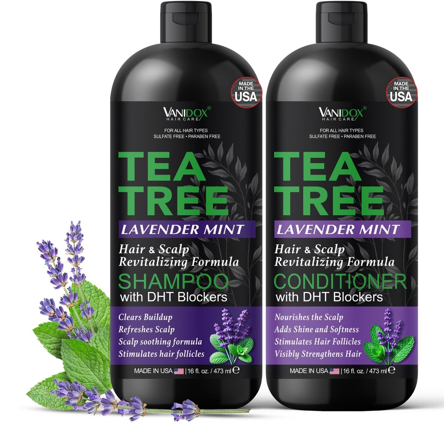 Vanidox Tea Tree Shampoo and Conditioner Set with Lavender and Mint | DHT Blockers | With 100% Pure Tea Tree Oil for Itchy, Dry Scalp | Sulfate