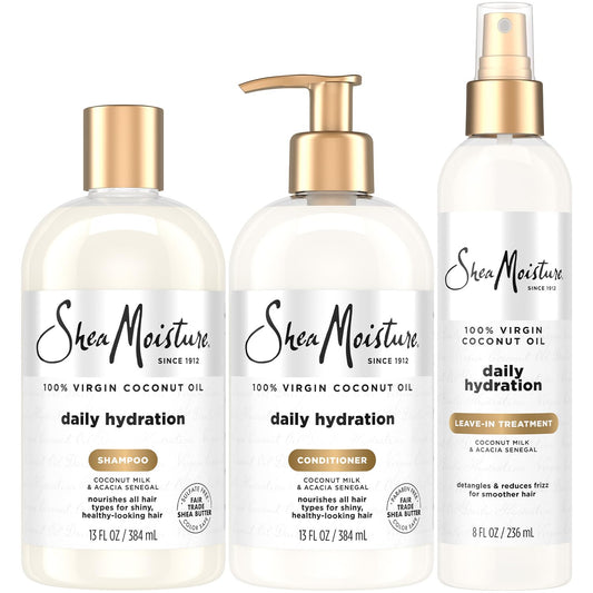 SheaMoisture Shampoo & Conditioner + Leave-in Treatment, Daily Hydration with Coconut Oil, Hair Detangler, Frizz Control, Cruelty-Free (3 Piece Set)