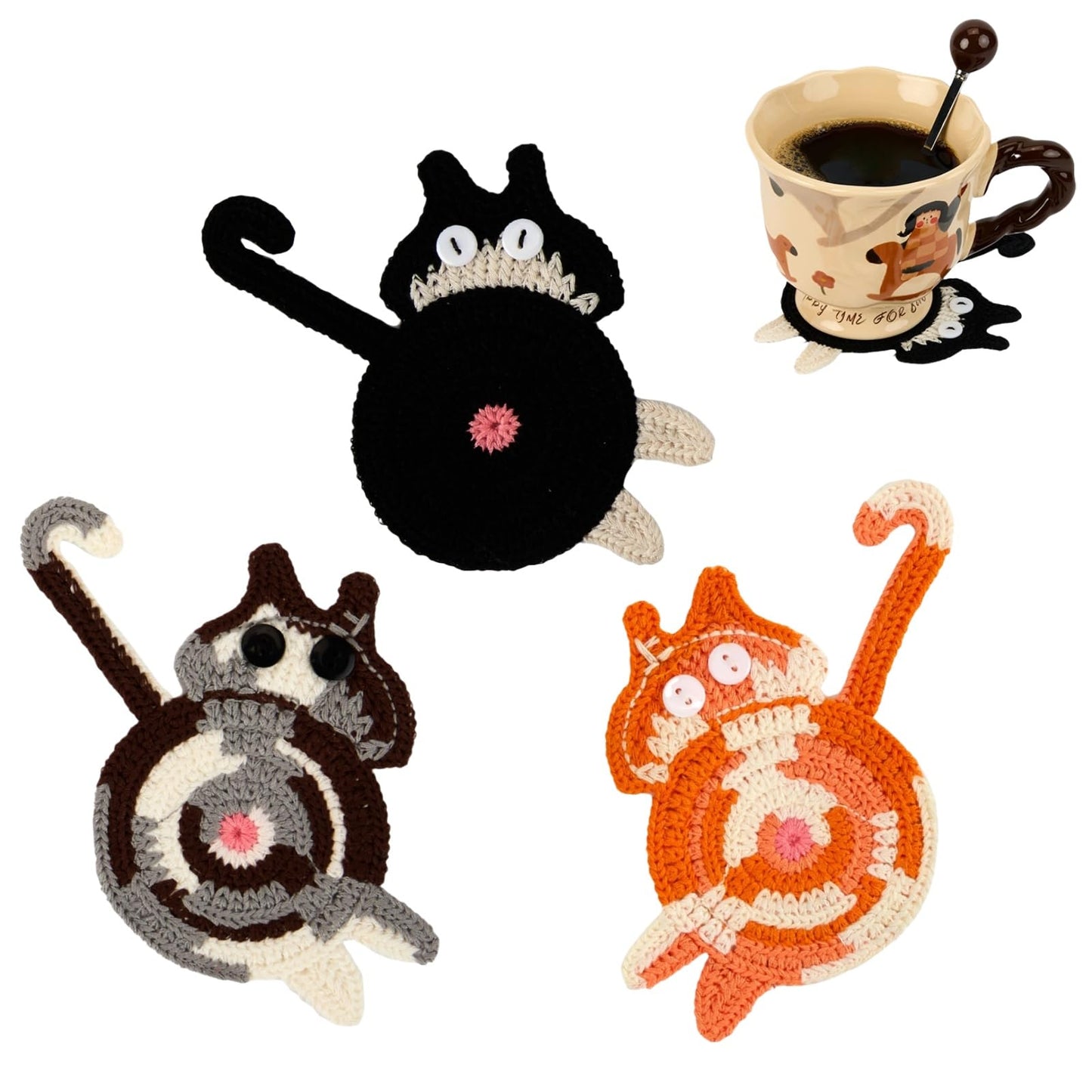Cat-Themed Drink Coasters – Fun Woven Creative Set for Cat Lovers, Cute Coffee Coasters for Home Decor & Table Protection, 3PC