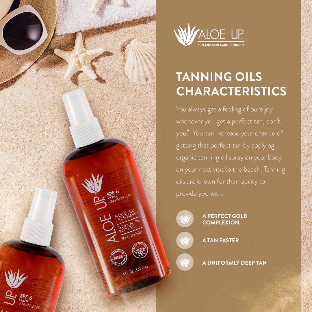Aloe Up Light Tanning Oil With SPF 6 Sunscreen - Body and Face Tanning for Outdoor Sun - With Pure Aloe Vera Oil and Natural Oils - Absorbs Quickly