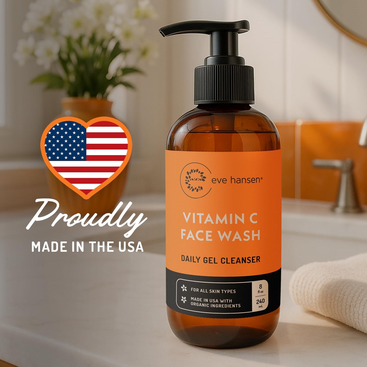 Vitamin C Cleanser Face Wash - HUGE 8 oz Gentle Facial Cleansing Gel for Uneven Skin Tone, Age Spots and Fine Lines - Natural Face Soap with Aloe