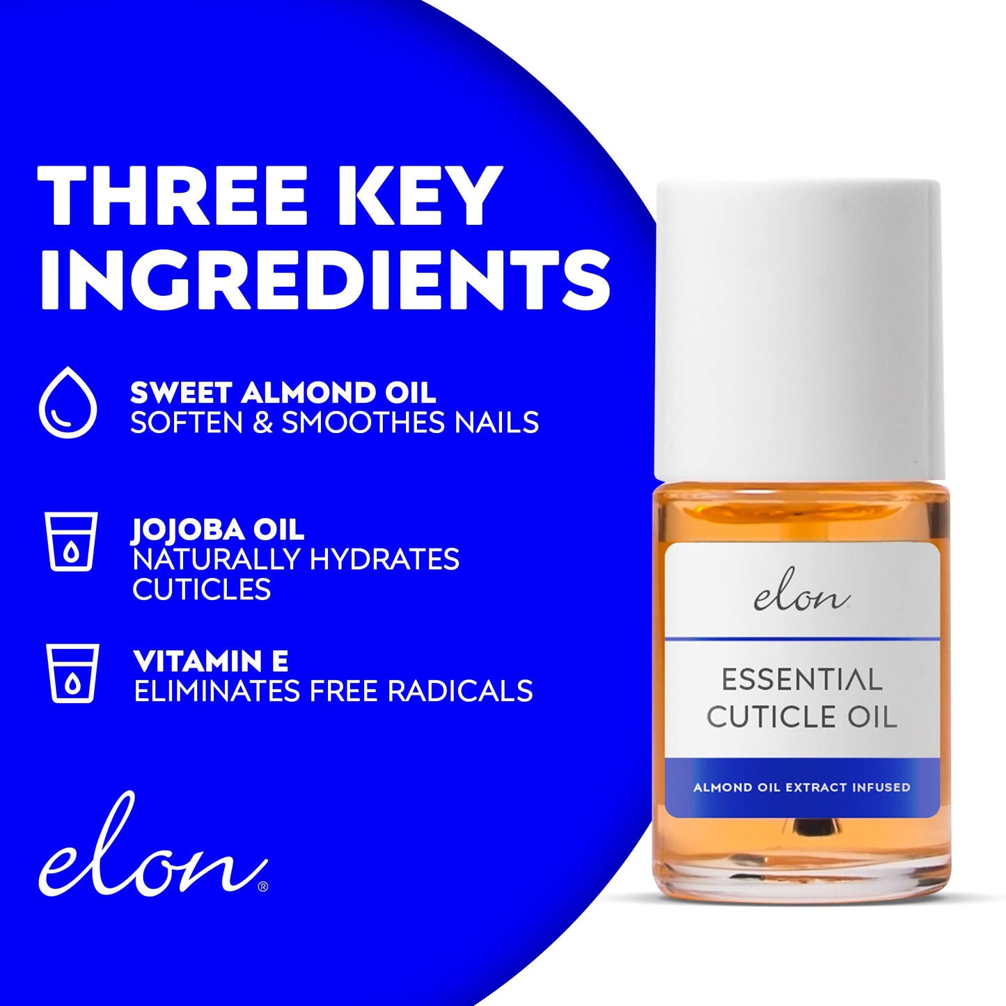 Elon Cuticle Oil for Nails w/Almond Oil Extract - Jojoba & Vitamin E - Softening & Hydrating Cuticles & Nails - Dermatologist Recommended - Bottle