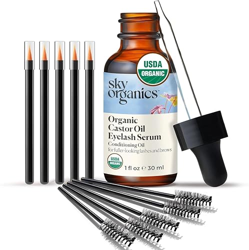 Sky Organics - USDA Organic Castor Oil Eyelash Serum (1 fl oz/30 mL) Brown Glass Bottle for UV Protection - Fuller-Looking Eyebrow & Lash Serum