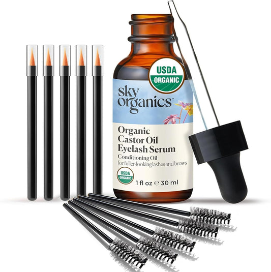 Sky Organics - USDA Organic Castor Oil Eyelash Serum (1 fl oz/30 mL) Brown Glass Bottle for UV Protection - Fuller-Looking Eyebrow & Lash Serum
