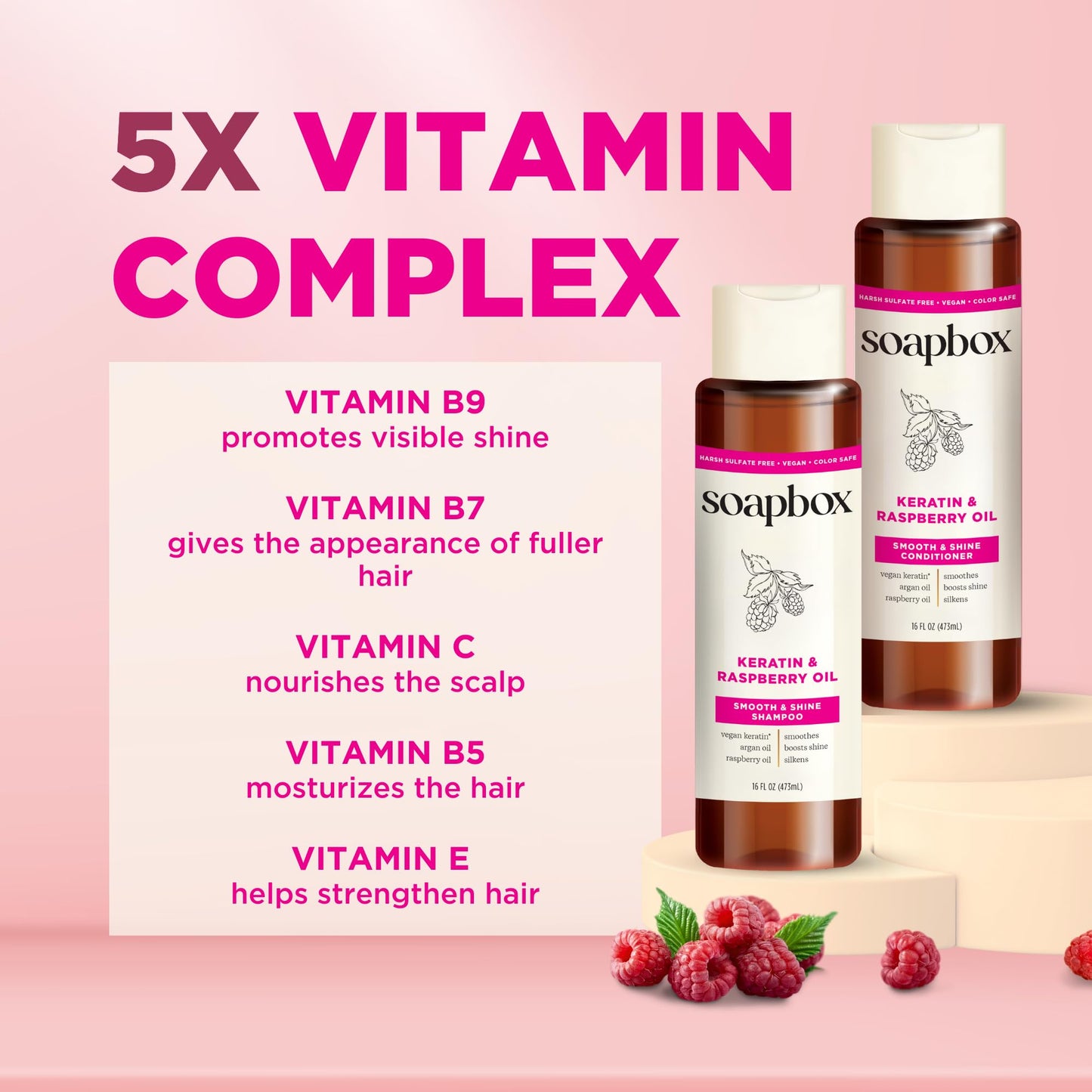 Soapbox Keratin & Raspberry Seed Oil Shampoo & Conditioner Set, Leaves Hair Shiny, Smooth & Glossy - Clean Ingredients Free of Harsh Chemicals