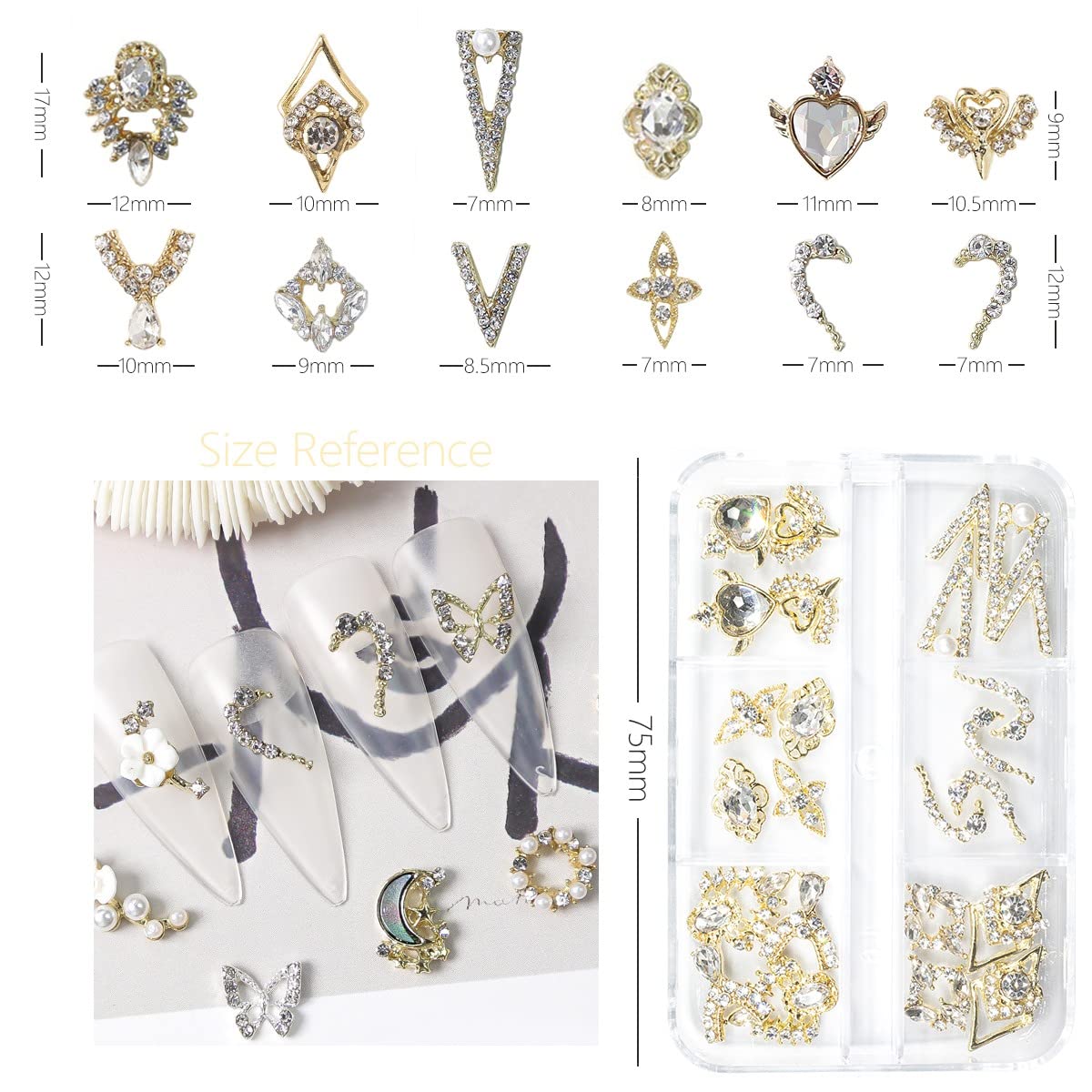 qiipii 12 Pair 3D Alloy Gold Nail Art Rhinestones - Heart Shaped Nail Charms, Golden Nail Crystal Diamonds Jewelry Stones Studs for Nails Decor Crafts