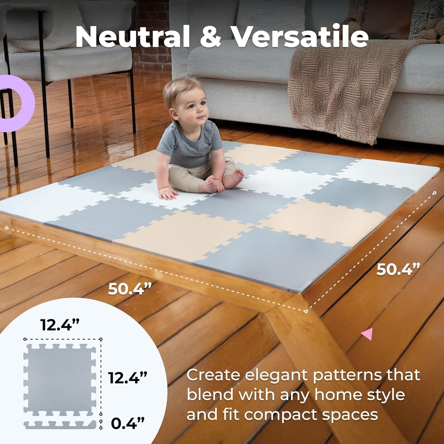MioTetto Foam Floor Tiles for Kids – Non-Toxic Soft Baby Play Mat, Interlocking Foam Tiles for Crawling & Development, Fits 50x50 Playpen, Ages 6–12M