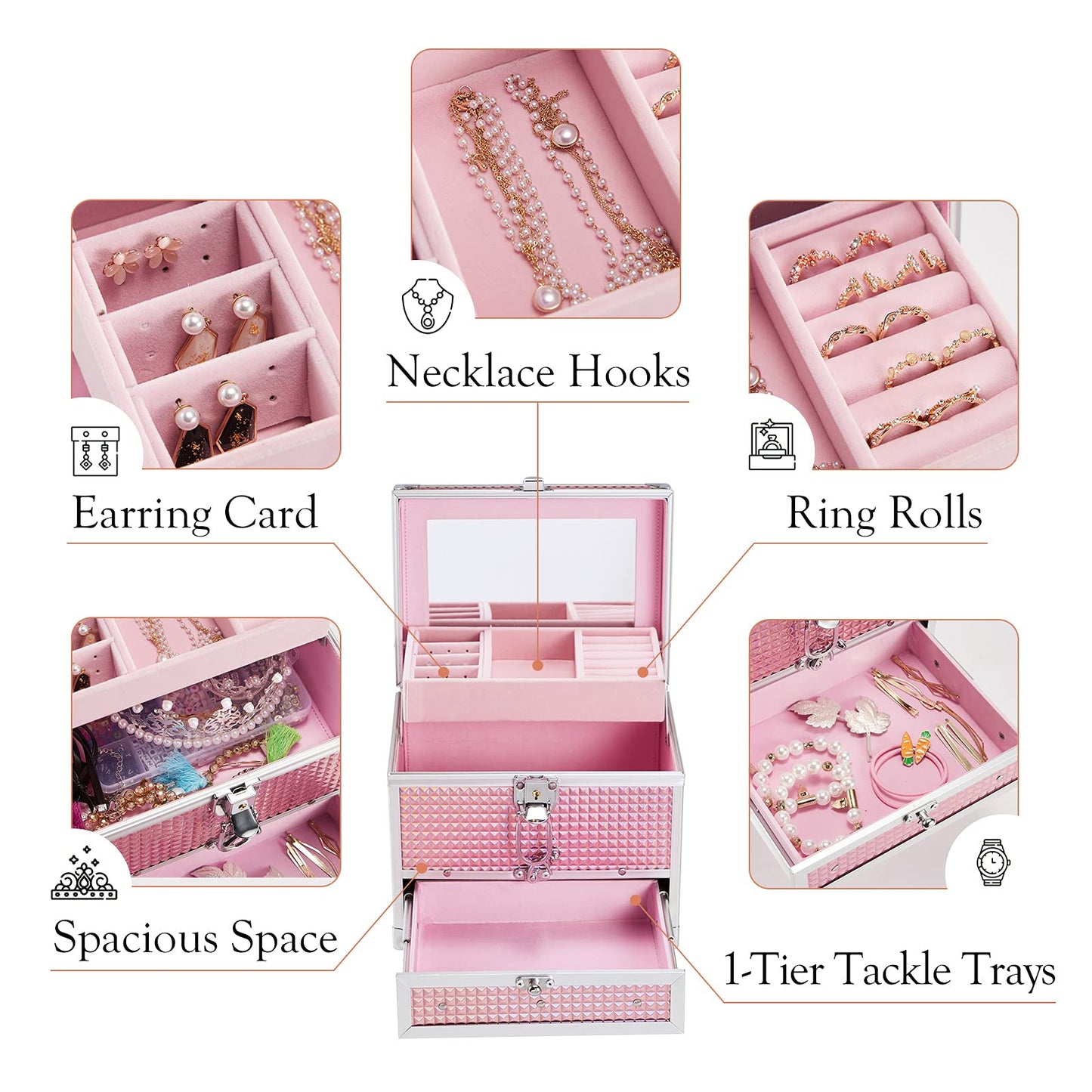 Hododou Girls Jewelry Box Organizer with Drawer & Mirror, Shiny Pink Style Lockable Storage Case for Kid or Little Girls Jewelry and Hair Accessories