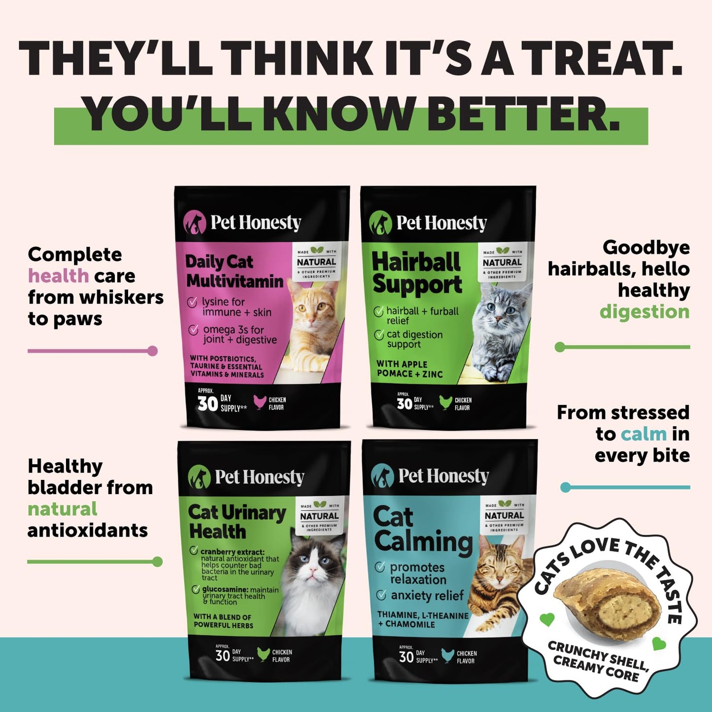 Cat Multivitamin Chews – Crunchy & Creamy Treats for Immune, Joint, Skin, Coat & Digestive Health with Omega-3, Lysine & Probiotics