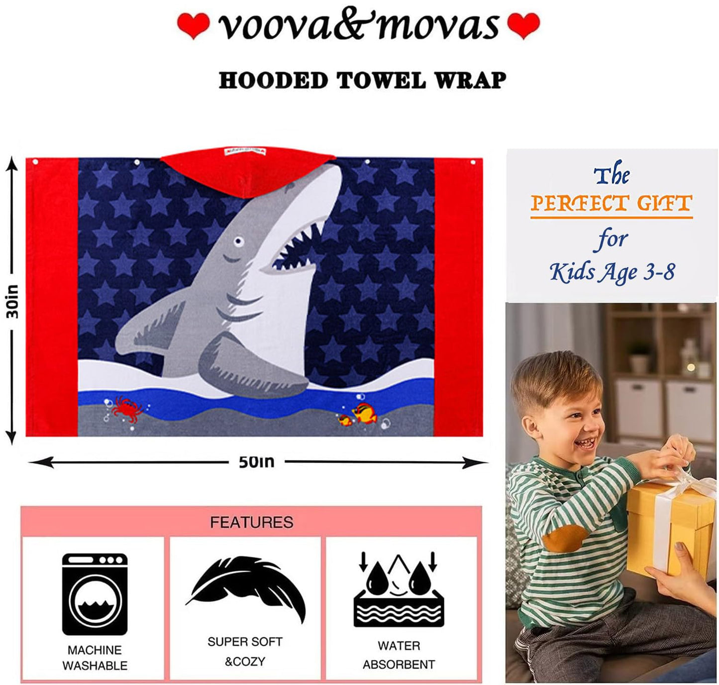 VOOVA & MOVAS Toddler Bath Towels Age 3-10,30''X50, Soft | Thick | Cotton | Oversized Absorbent - Beach | Bath | Pool | Swim Towels for Boys…