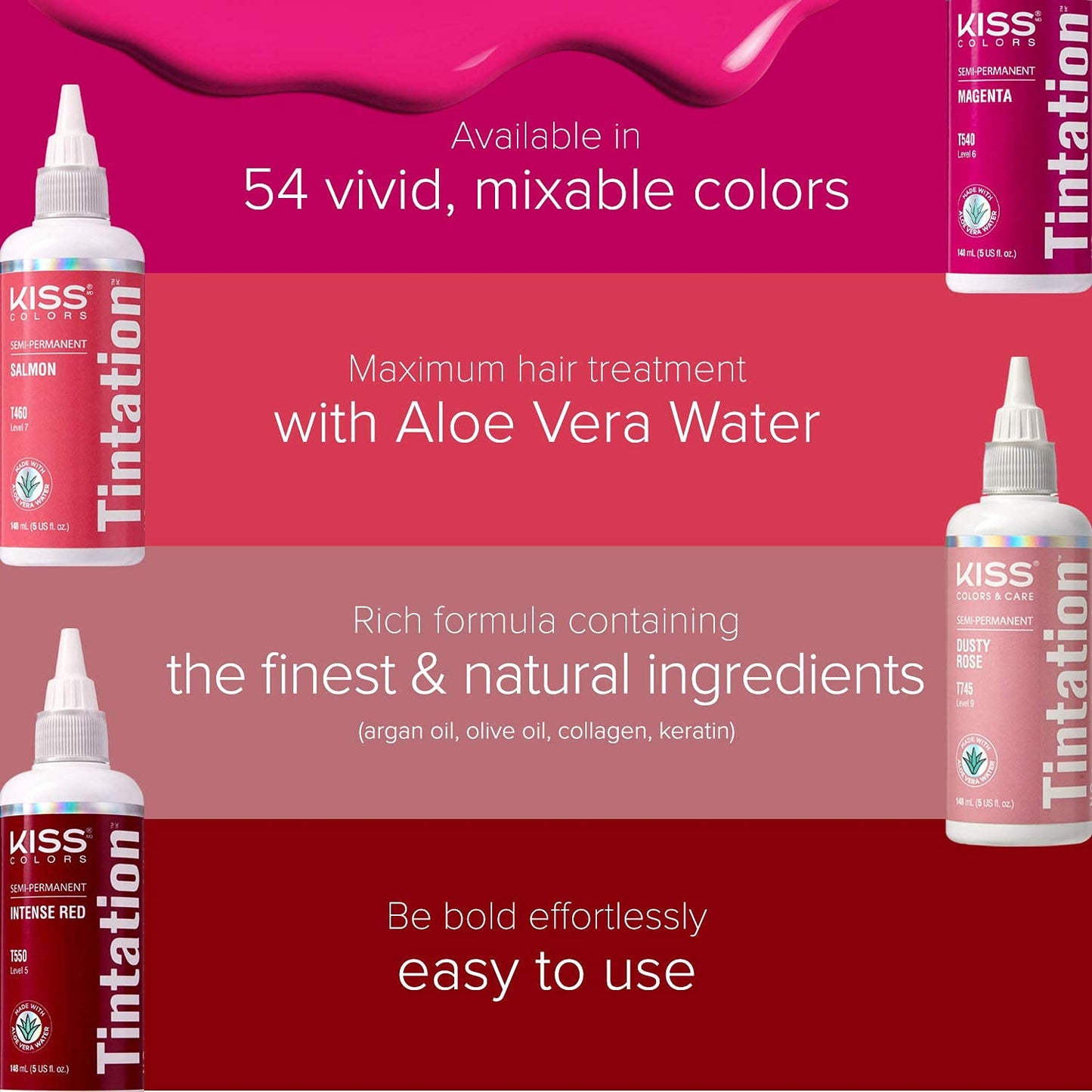 Red by Kiss Tintation Semi-Permanent Hair Color, Aloe Vera Water Based, Argan Oil, Olive Oil, Collagen & Keratin, Long-Lasting Color Dye (Pink Petal