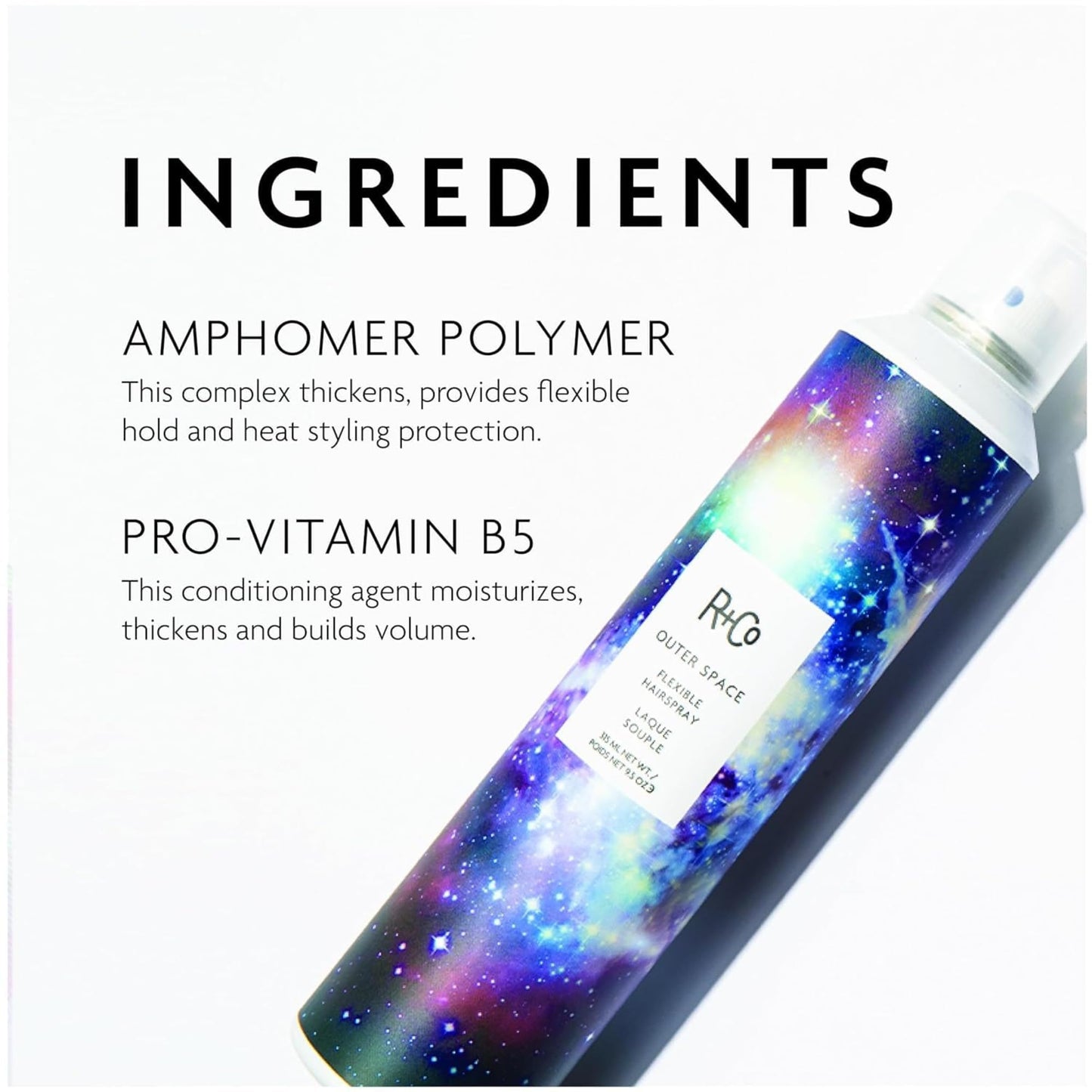 R+Co Outer Space Flexible Hairspray - Light Hold Hairspray for All Hair Types - Adds Shine, Volume & Flexible, Long-Lasting Hold - Vegan