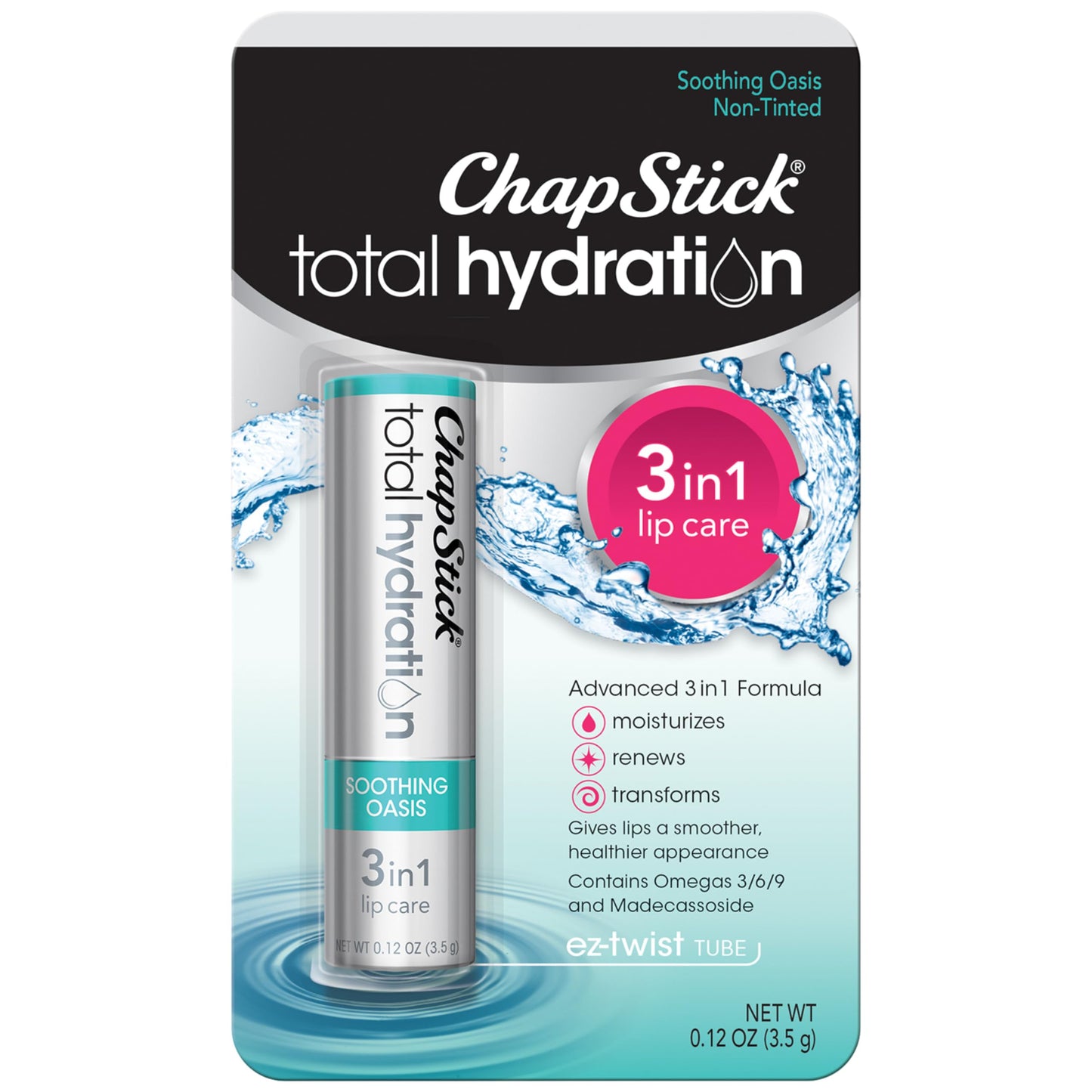ChapStick Total Hydration Soothing Oasis Moisturizing Lip Balm Tube, Lip Balm for Lip Care - 0.12 Oz