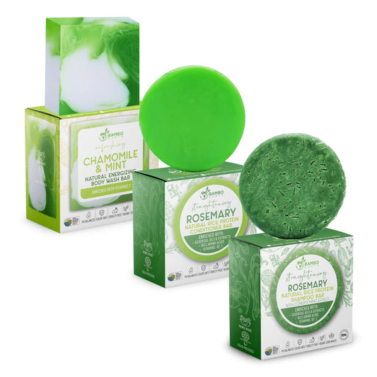 Solid Rice Protein Shampoo, Conditioner and Body Wash Bundle | Shampoo, Conditioner & Wash Bars For Hair and Body w/All Natural Essential Oils & Zero