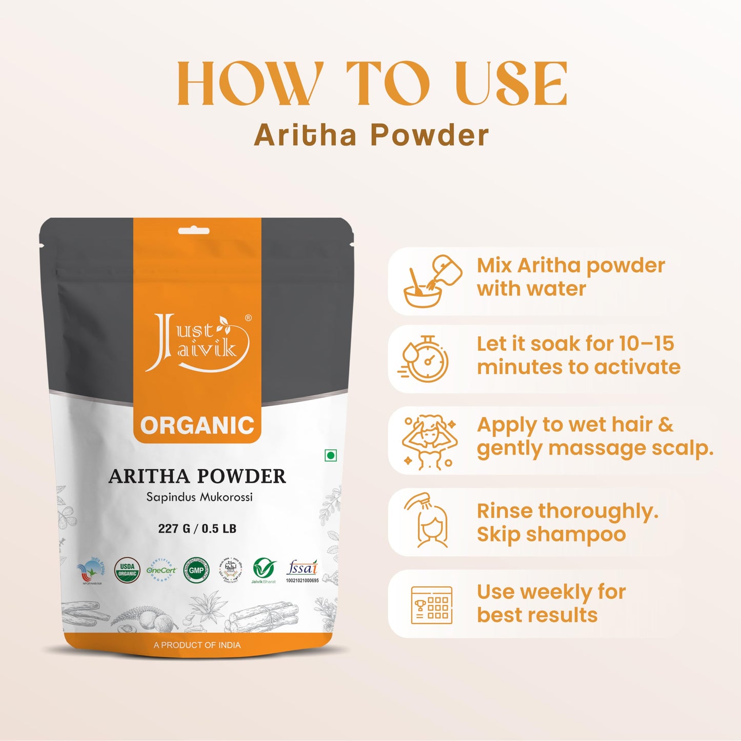 100% Organic Certified Aritha Powder (Soap Nut Powder) 227g /0.5 LB/ 08oz - Organic Hair Cleansing and Conditioning Product