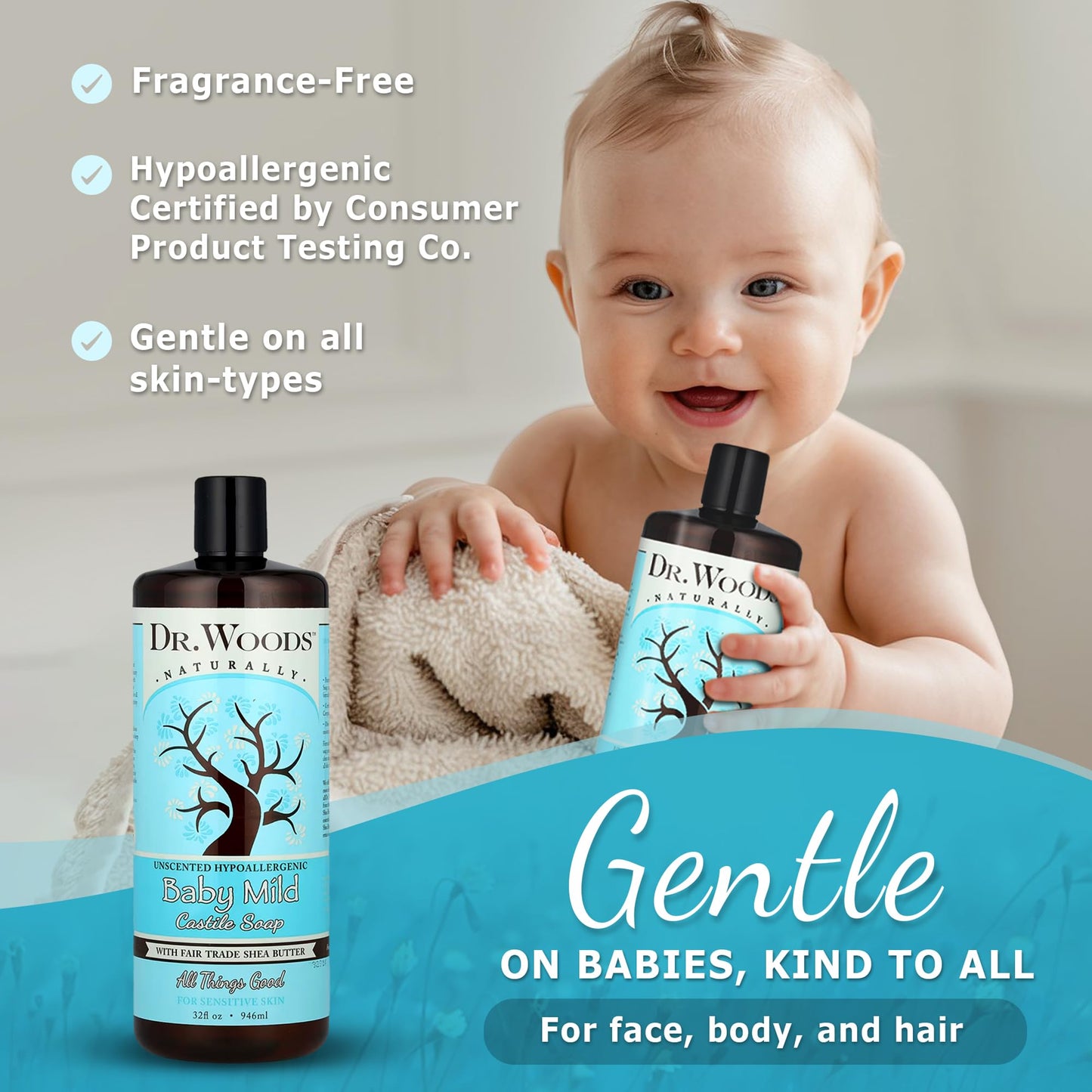 Dr. Woods Unscented Baby Mild Liquid Castile Soap - Gentle Cleanser with Organic Shea Butter, Natural Soap for Sensitive Skin - Paraben, Sulfate,
