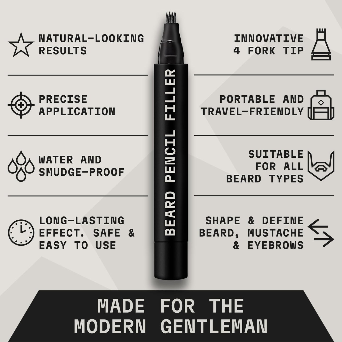 Striking Viking Beard Pencil Filler for Men - Pack of 2, Jet Black - Waterproof Long-Lasting Beard Pen - 4-Pronged Tip for Gap Repair & Barber Pencil