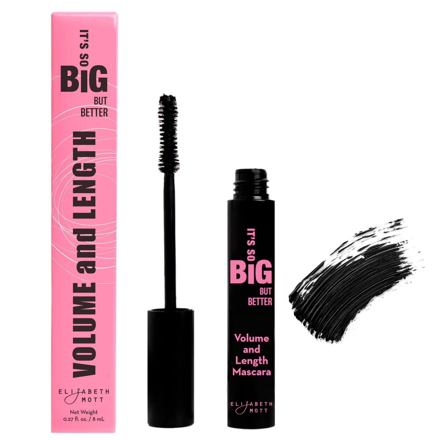 Elizabeth Mott Black Volumizing Mascara - Smudge-Proof, Lengthening Fiber Formula, Hourglass Wand - Clump-Free, Water-Resistant & Cruelty-Free - Safe
