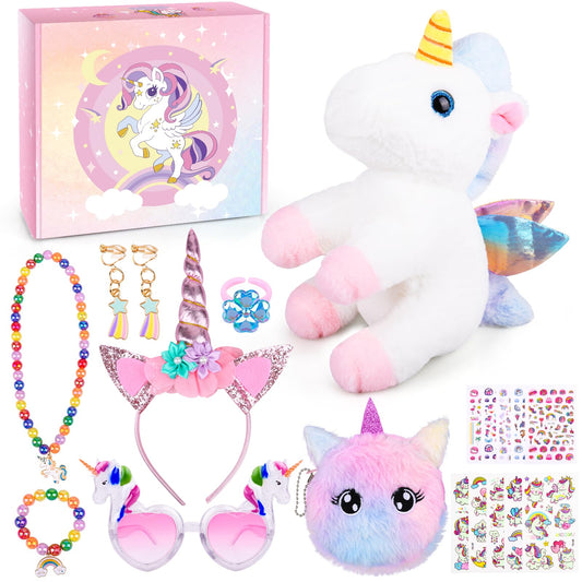 Unicorn Plush Toys Kit Girls Gift for Girls Stuffed Animal Toy/Purse/Ring/Glasses/Necklace/Bracelet/Decal/Earrings/Tiara Fun and Engaging Christmas…