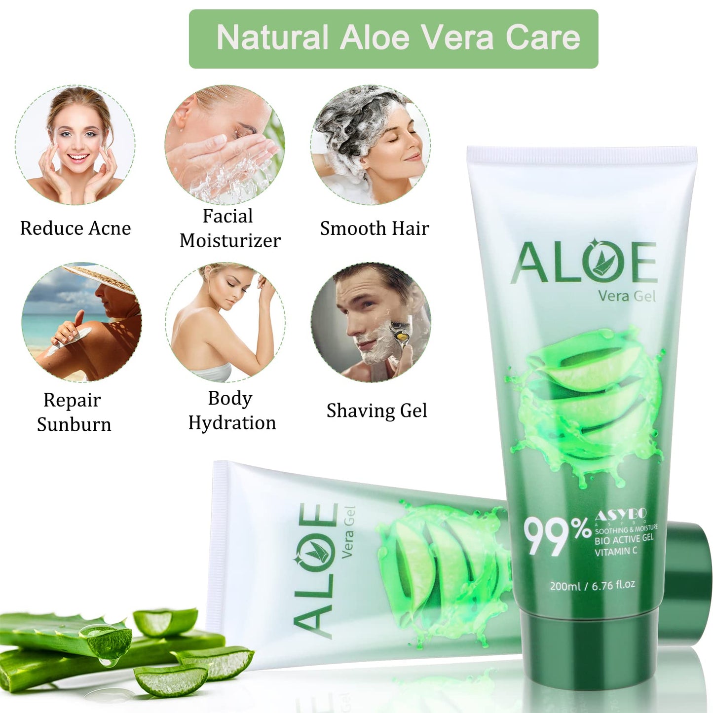 ASYBO 200x2 ML Aloe Vera Gel - 99% Organic Pure Aloe Vera Hydrating Face & Body Moisturizer, Natural Aloe Cream for Dry Skin, Sunburn, Acne, Soothing