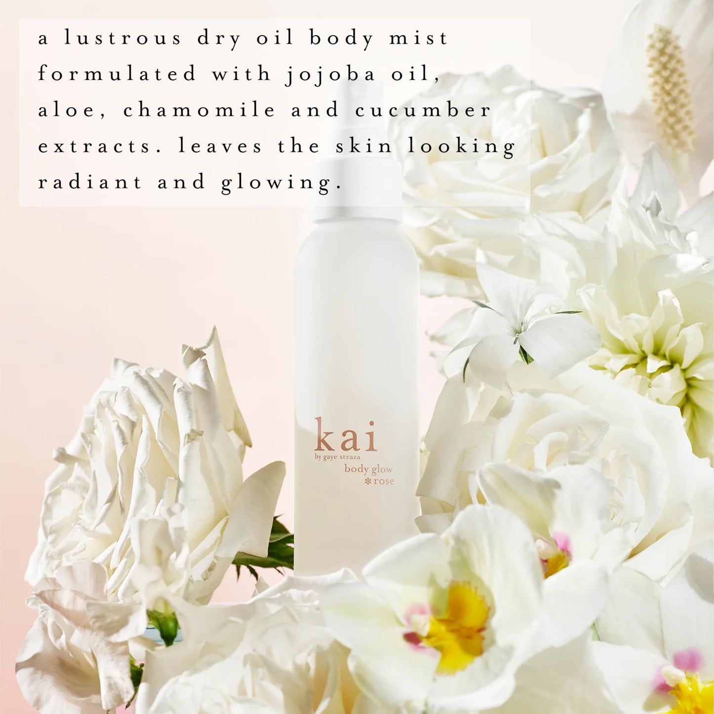 kai body glow rose, 4 Fl Oz, dry body oil with jojoba, chamomile, cucumber extracts, moisturizes and leaves a radiant glow with a fresh + clean