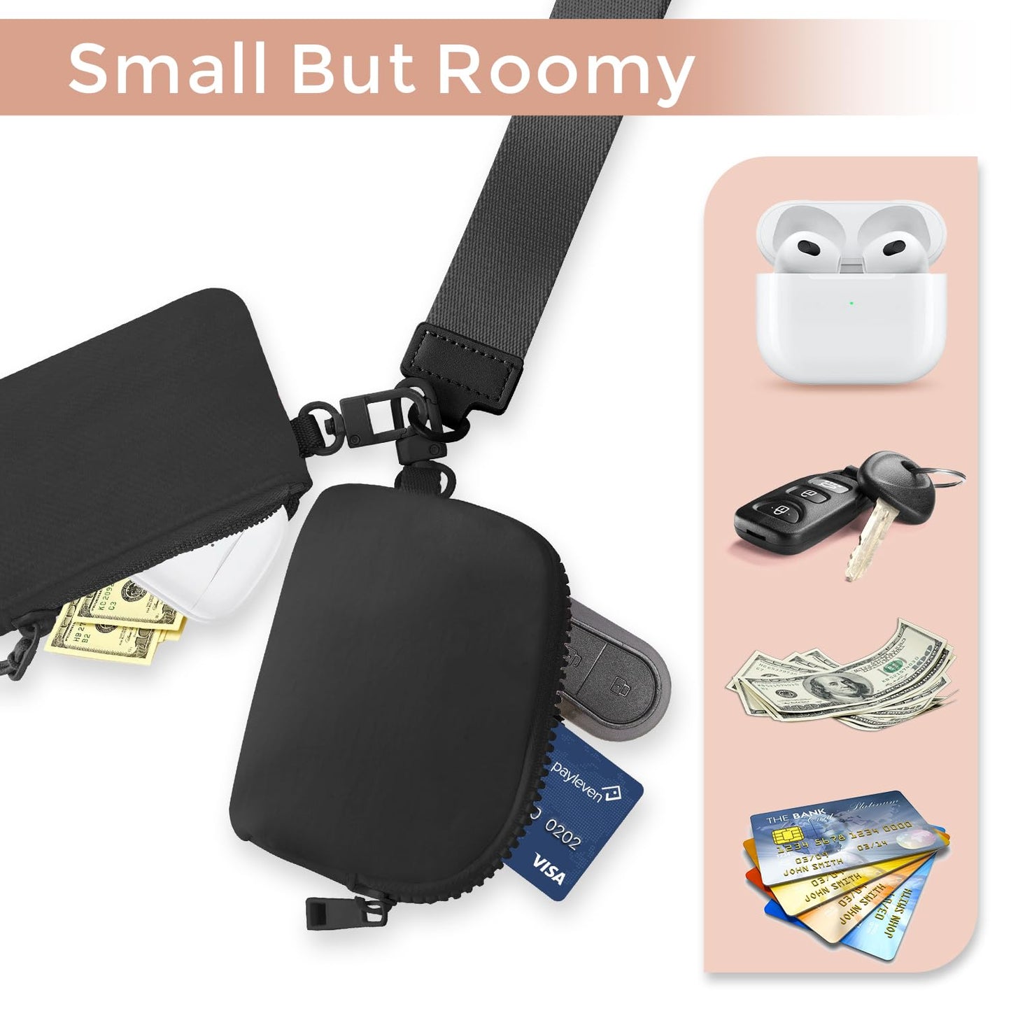 Jeeburyee Dual Pouch Wristlet Keychain Wallets For Women With 2 Detachable Zipper Coin Purse - Small And Portable Mini Card Wallet Men Black+Black