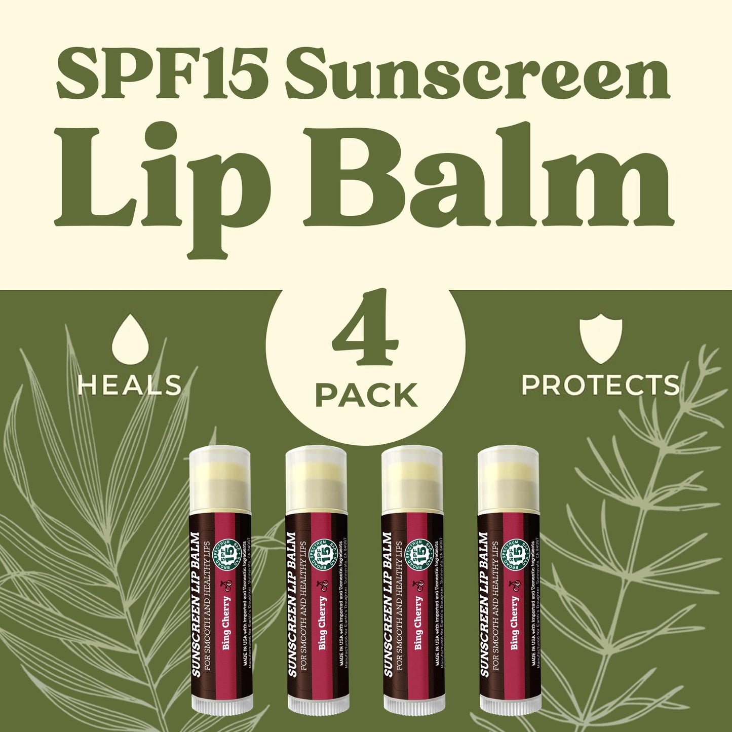 Earth's Daughter SPF Lip Balm Cherry Flavor 4-Pack Stocking Stuffers - Lip Sunscreen, SPF 15, Organic Ingredients, Beeswax, Coconut Oil, Vitamin E