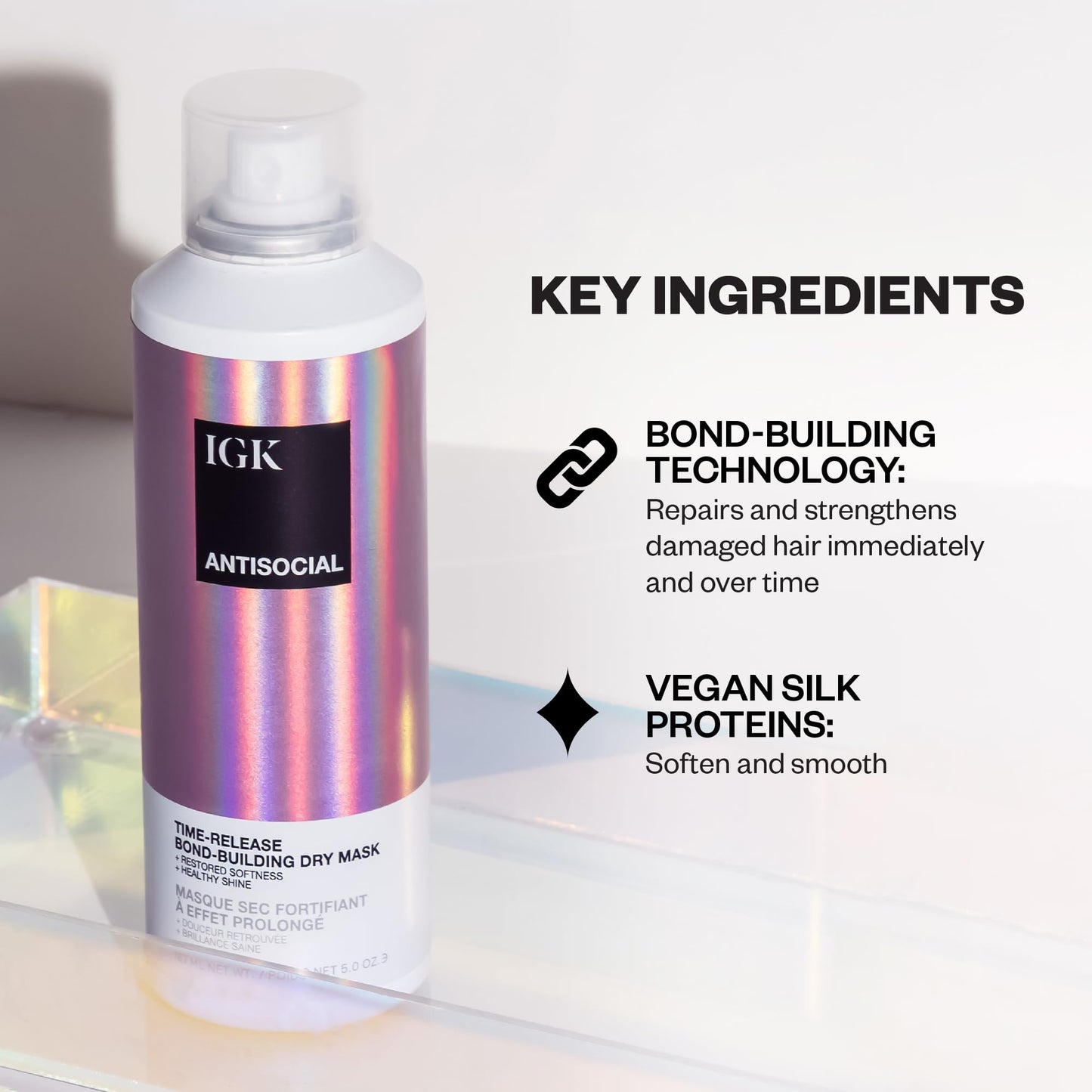 IGK Antisocial Leave-In Repair Dry Hair Mask, Overnight Bond-Building Treatment for Damaged Hair, No-Rinse Spray Smooths Frizz + Adds Shine, Vegan + Beauty and Personal Care IGK