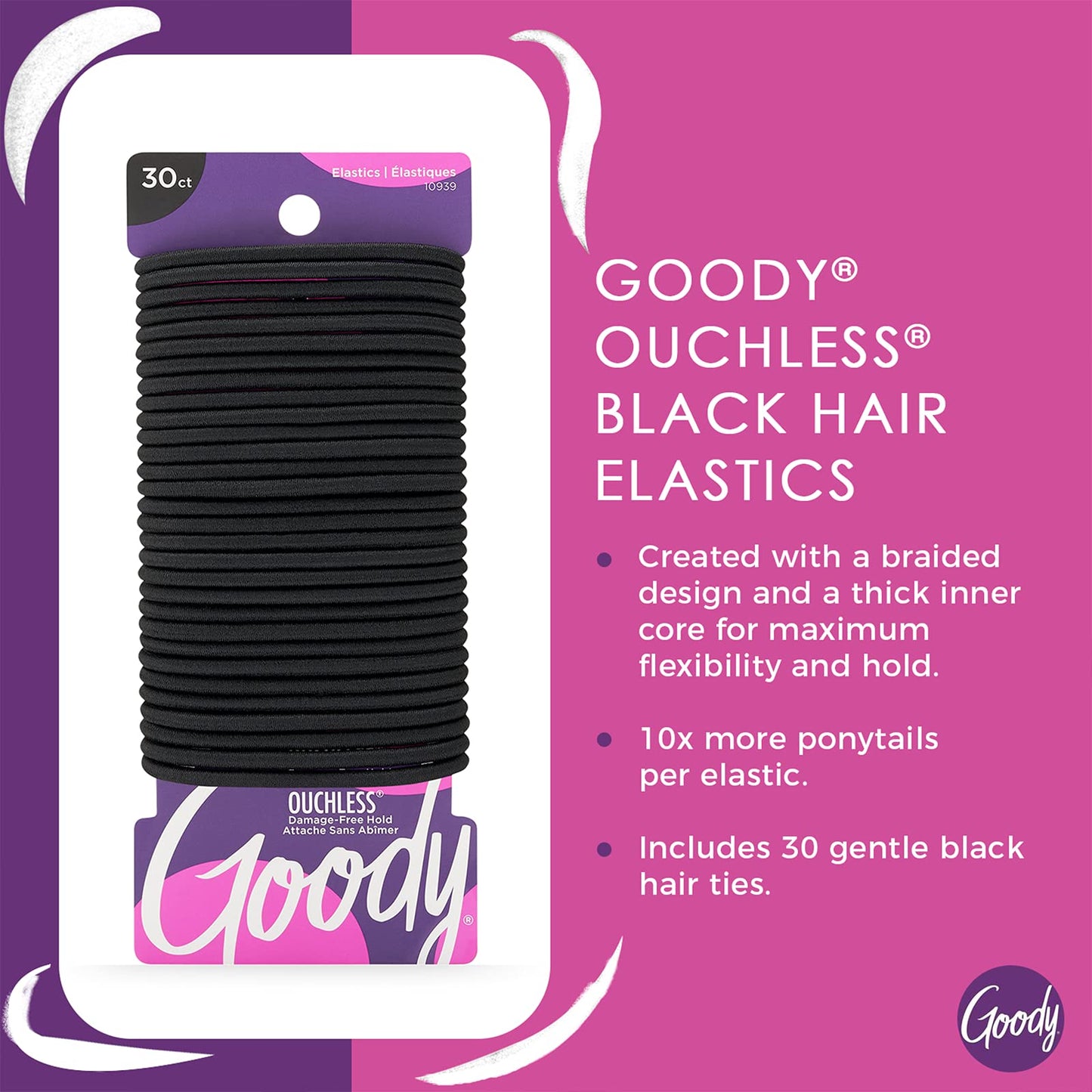 Goody Ouchless Hair Elastics - No Pull, No Breakage, Tangle-Free Hold for Thick, Curly, Coily & Textured Hair - 30 Count, Black, Long-Lasting Ponytail Beauty and Personal Care GOODY