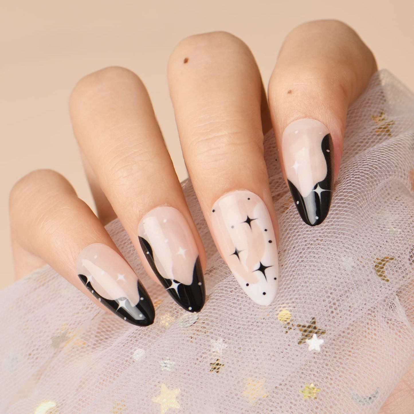 GLAMERMAID Black Press on Nails Medium Almond, Emo Crush Jelly Gel Gothic Stiletto False Glue on Nails Kit with Moon Star Desgin for Women, Reusable