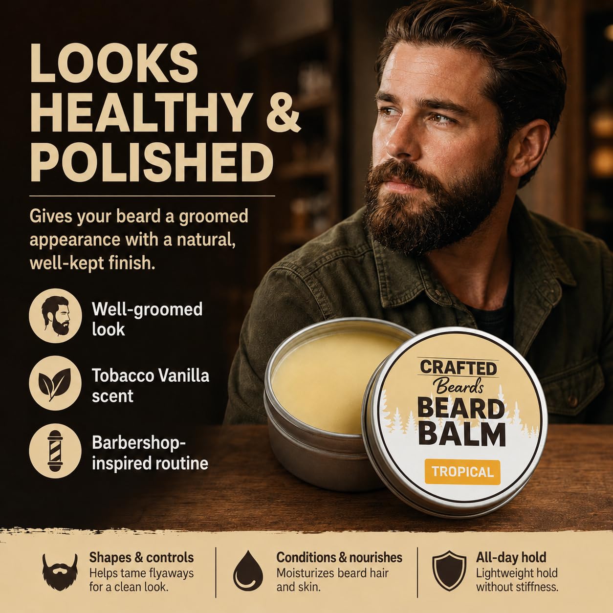 Beard Balm - Tropical Scent - 2oz Tin - Beard Wax - Light Hold - (TR) Beauty and Personal Care Crafted Beards