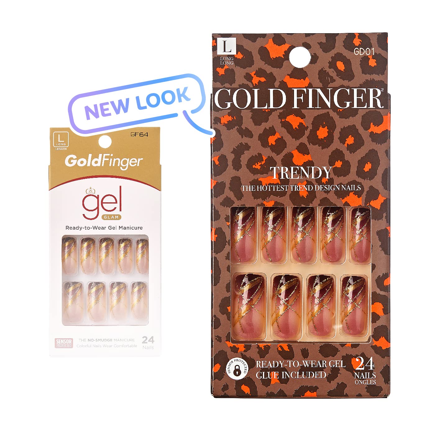 Gold Finger Gel Glam Press on Nail Dark Brown Glitter French Full Cover Luxurious Design, Square shape, Medium Length, MIni Glue Included GF64