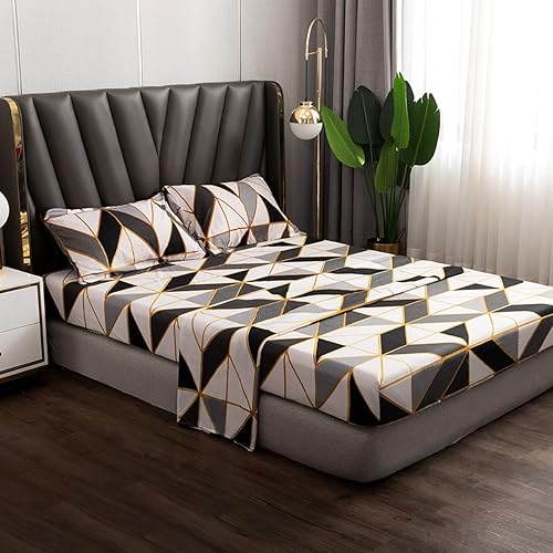 jejeloiu Geometric Plaid Bed Sheet Set Queen Size Black White Grey Gold Abstract Fitted Sheet Triangle Diamond Pattern Bedding Includes 1 Flat Sheet &