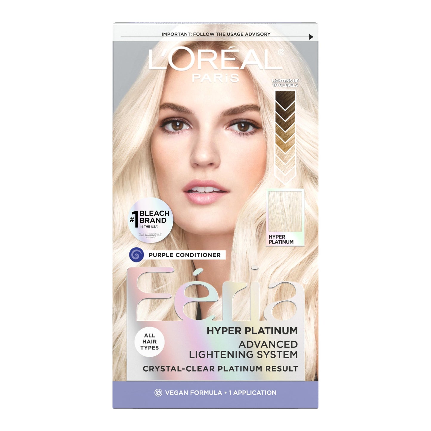L'Oreal Paris Feria Hyper Platinum Advanced Lightening System Hair Bleach, Lifts Up To 8 Levels, Includes Anti Brass Purple Conditioner, 1 Hair Dye