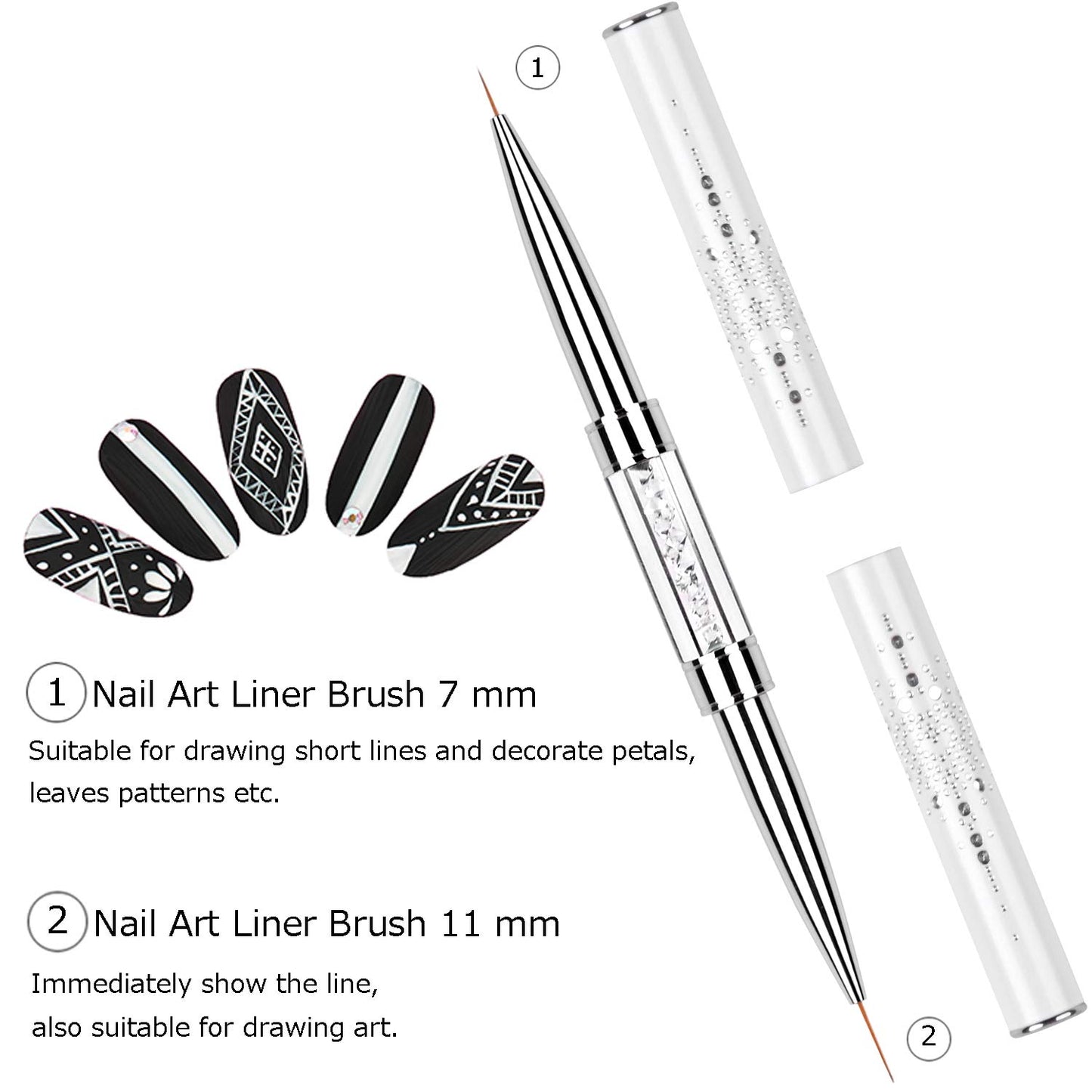 Ycyan 2Pcs Dual-ended Nail Design Brushes Rhinestone Handle UV Gel Nail Brush Set Professional Nail Art Tools