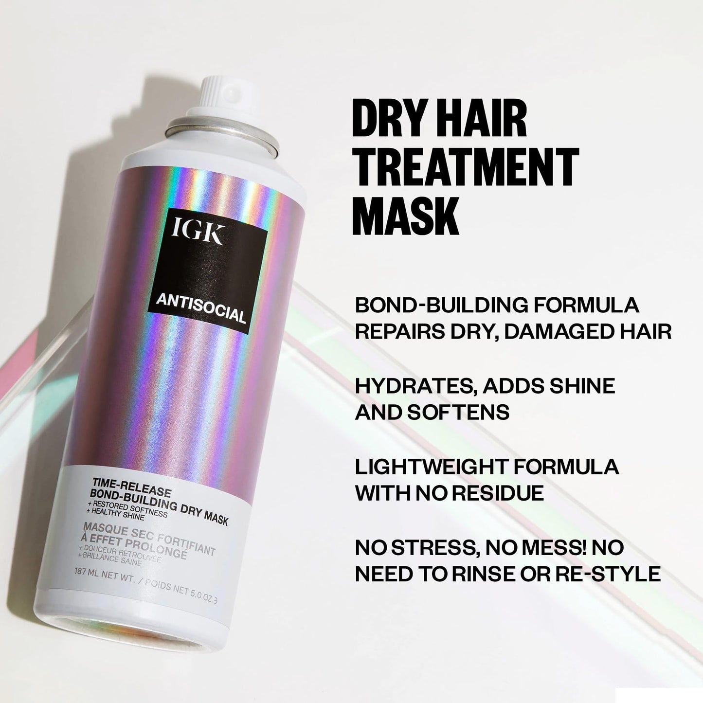 IGK Antisocial Leave-In Repair Dry Hair Mask, Overnight Bond-Building Treatment for Damaged Hair, No-Rinse Spray Smooths Frizz + Adds Shine, Vegan + Beauty and Personal Care IGK