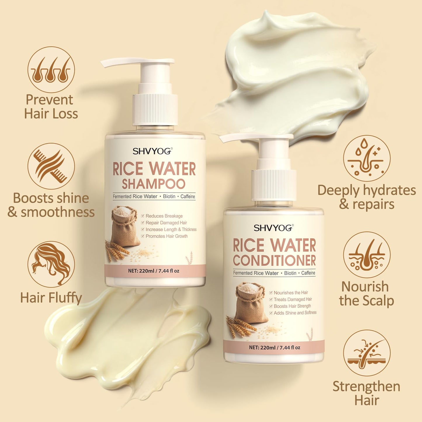 Rice Water Shampoo and Conditioner Set with Hair Growth Spray & Scalp Massager Brush, Enriched with Biotin & Caffeine, 4-in-1 Rice Water Hair Growth