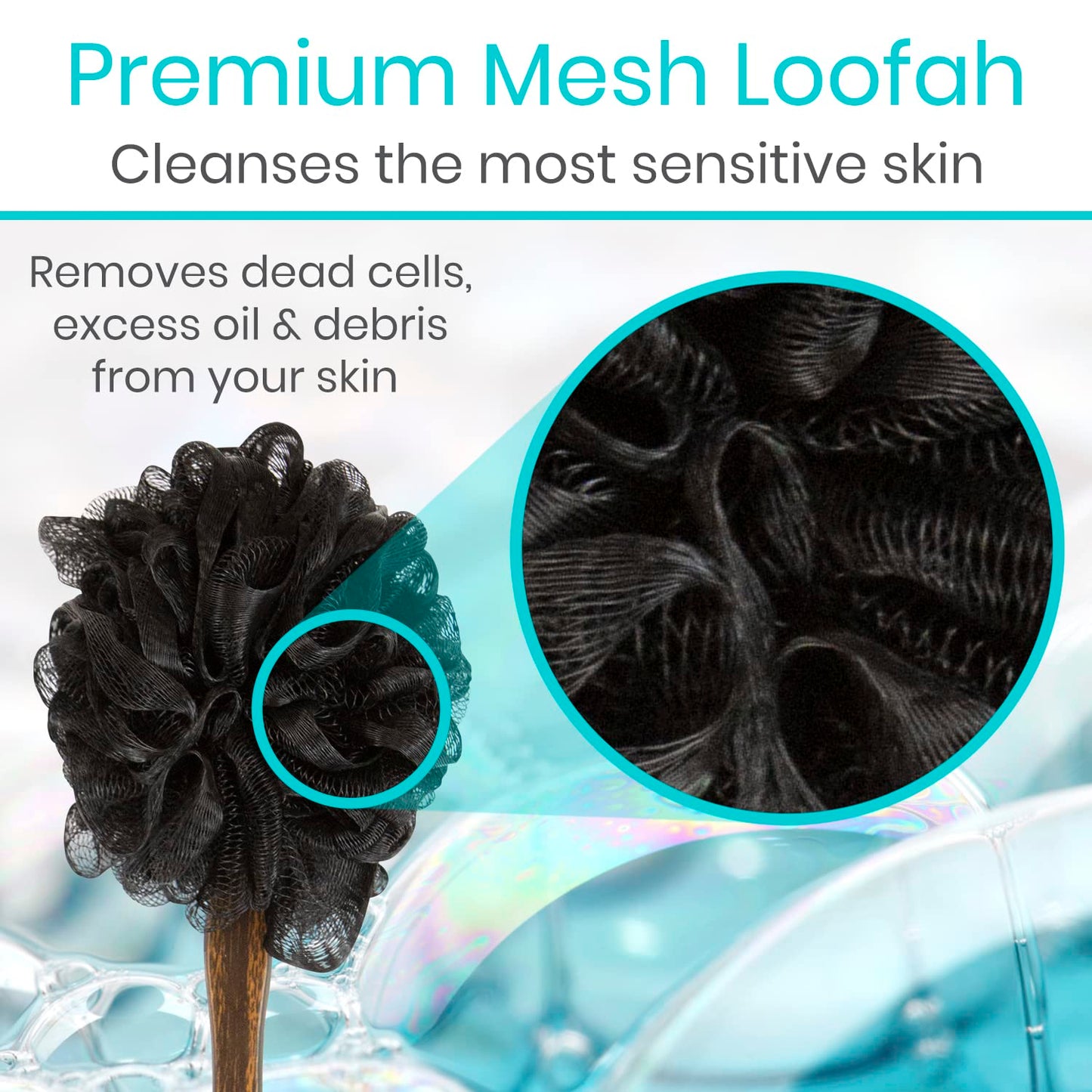 Vive 17” Shower Loofah with Long Handle - Exfoliating Back & Body Scrubber for Men & Women - Luffa Sponge on a Stick for Bathing, Cleaning - Includes