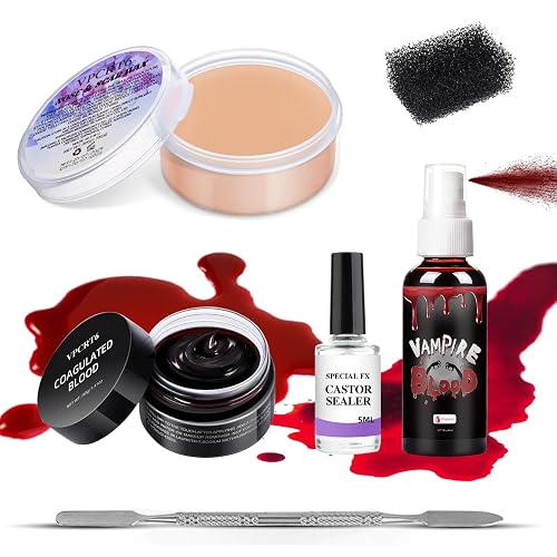 SFX Makeup Kit Scars Wax, Fake Blood Spray, Professional Scar Wax&Blood Effects Set with Coagulated Blood Gel&Spray, Metal Spatula, Sealer & Black