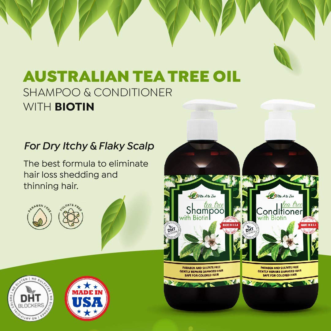 Tea Tree Oil & Biotin Shampoo & Conditioner Set for Men & Women | Professional Strength Formula | Refreshes & Stimulates Hair & Scalp | Moisturizing