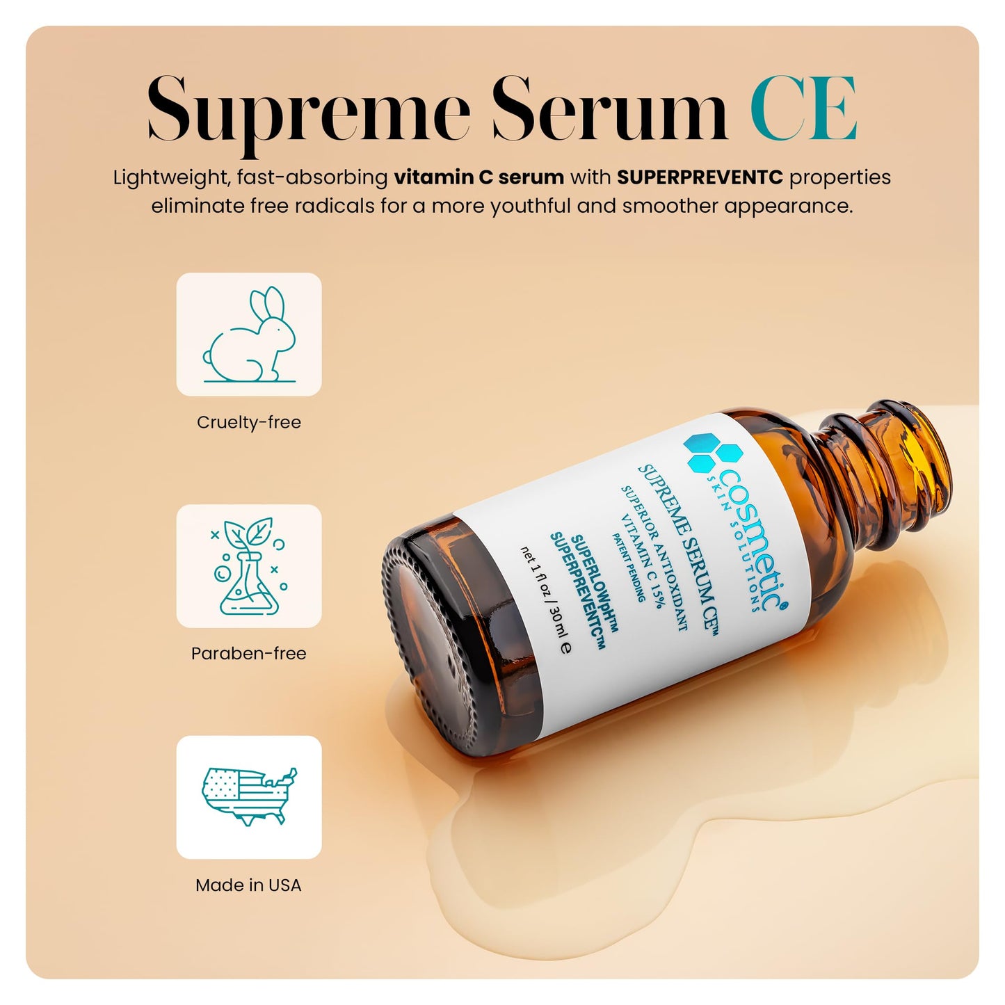 Supreme Serum CE - Vitamin C Face Serum with Vitamin E & Hyaluronic Acid - Antioxidant Rich Anti-Aging & Hydrating Formula - 1 fl oz Beauty & Personal Care Cosmetic Skin Solutions