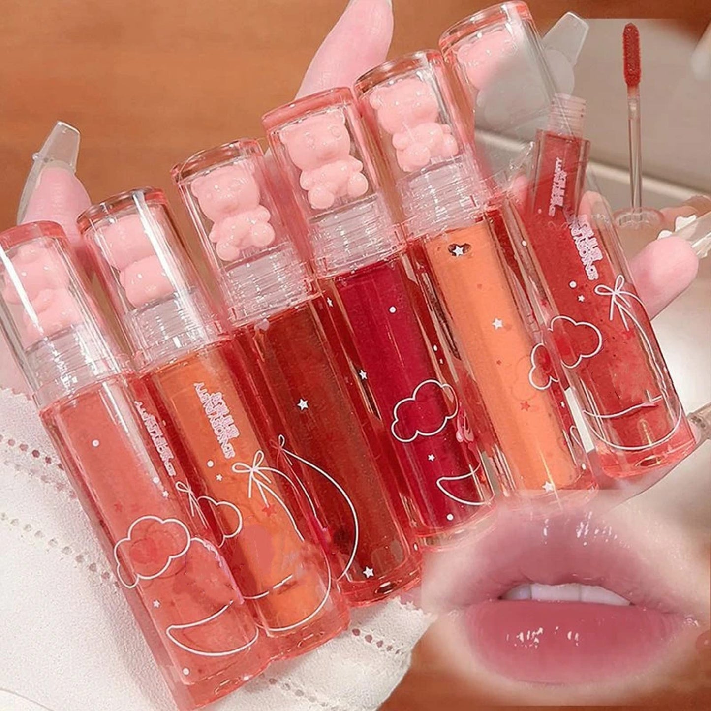 New Irven 2Pcs Bear Lip Glaze Jelly Lipstick,Liquid Lipstick Cute Bear Lipgloss Moisturizing Lip Stain Plumping Water Lip Gloss Waterproof Long
