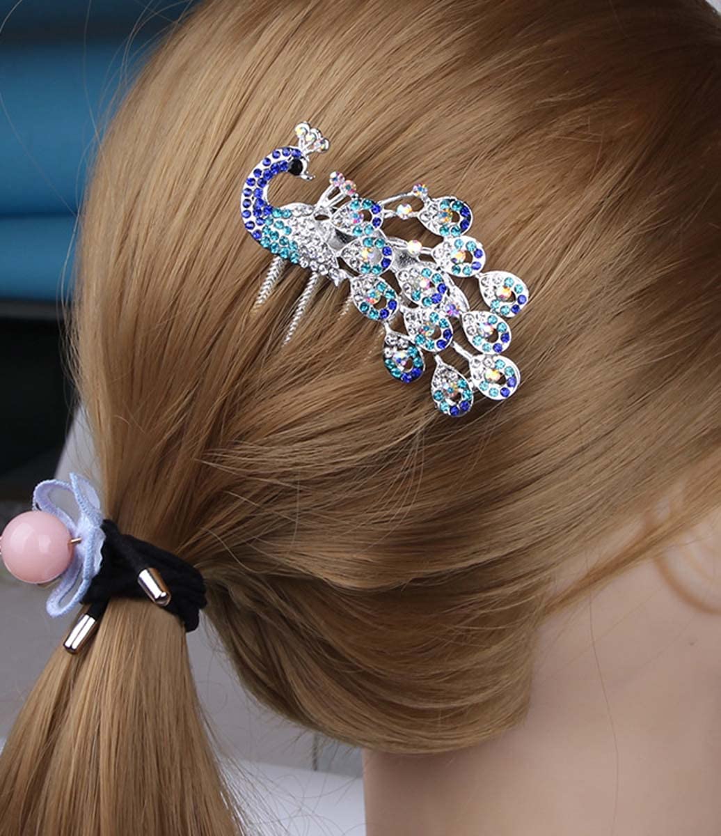 Wedding Bridal Headpiece Rhinestone Hair Comb Women Peacock Hair Clip Side Comb Hair Accessory(Blue)