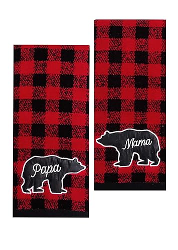 St Nick Holiday Buffalo Plaid Hand Towels Farmhouse Bear Mama Papa Rustic