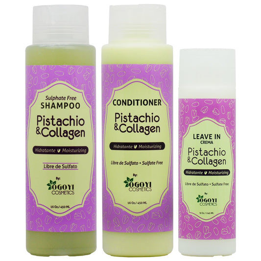 Ogoyi Cosmetics Pistachio & Collagen Shampoo + Conditioner + Leave in Crme Set - Strengthening, Nourishing - Dry Hair - 3 Count