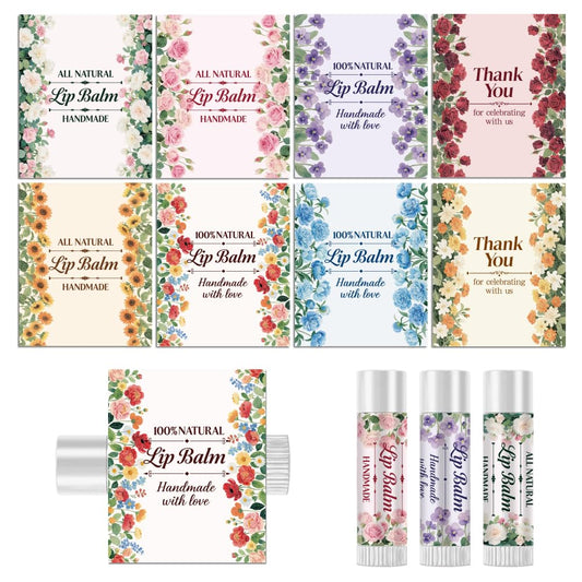 Peacoblue 160Pcs Lip Balm Labels Sticker for Tubes 2.1"x1.7" Flowers with Words, 8 Styles Waterproof Chapstick Labels Glossy for Homemade Lip Balm Beauty and Personal Care peacoblue
