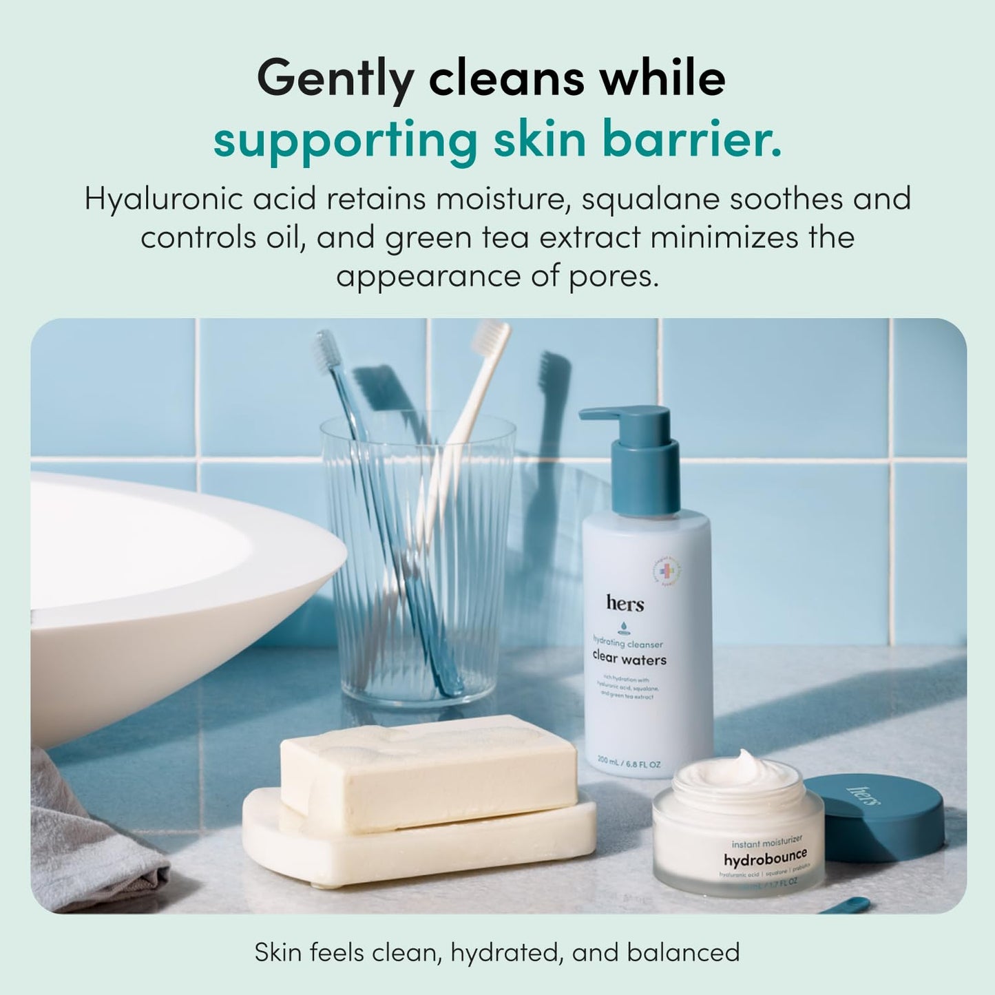 hers Clear Waters Facial Cleanser - Hyaluronic Acid, Squalane, & Green Tea Extract - Hydrating Face Wash for All Skin Types - pH Balanced