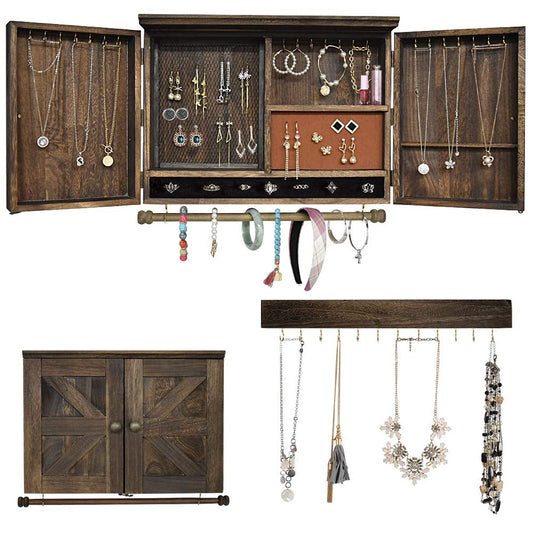 MULIFEE Rustic Wall Mounted Jewelry Organizer,Vintage Wooden Hanging Jewelry Holder Box with Barndoor Decor for Necklaces, Earings, Bracelets, Rings…