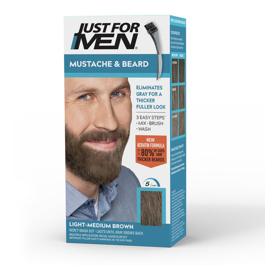 Just For Men Mustache & Beard multiple uses Beard Coloring for Gray Hair with Brush. Keratin Biotin Aloe and Coconut Oil for Healthy Facial Hair Light