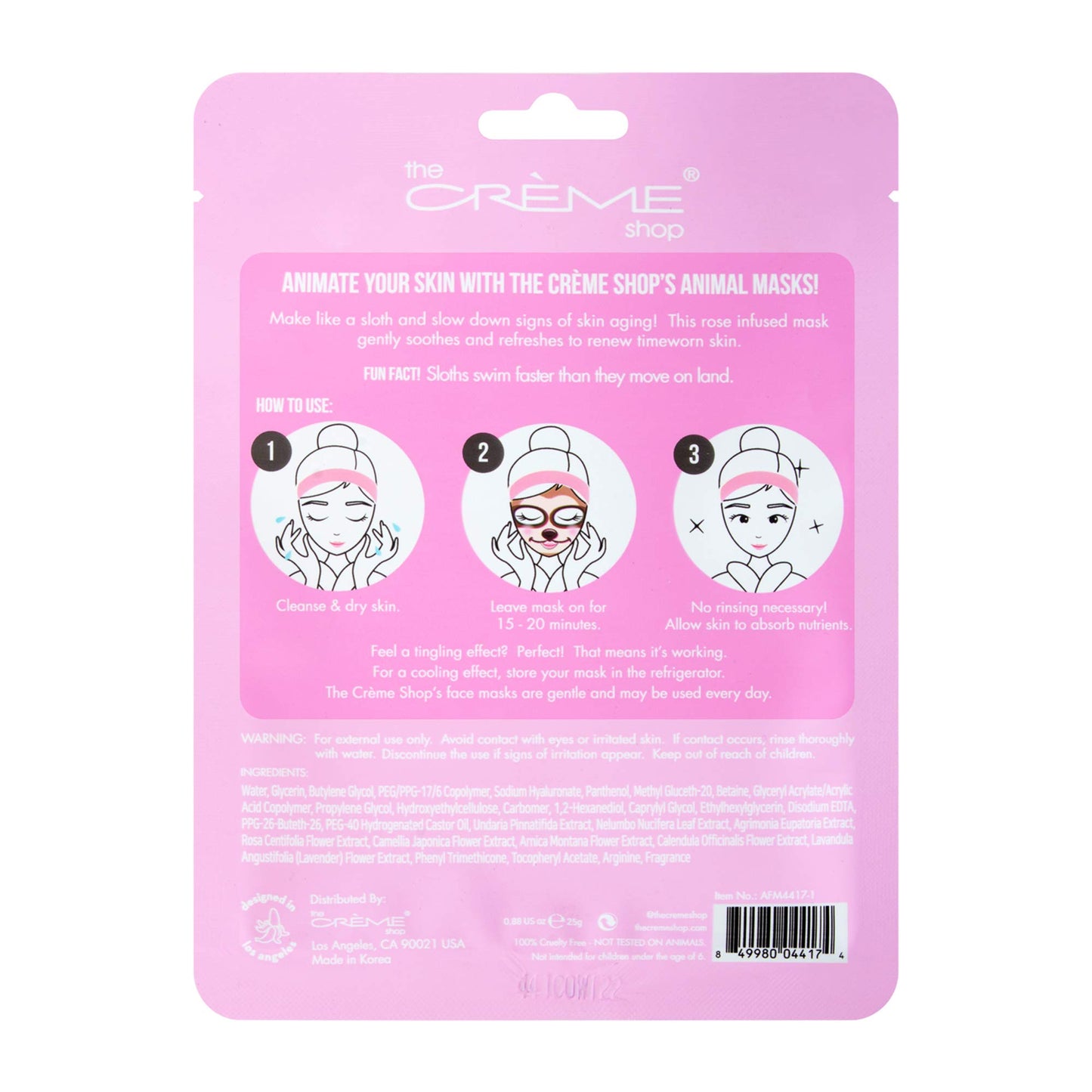 The Crème Shop Animal Sheet Mask, Korean, Hydrating, Collagen, Vitamin C, Anti-Aging - Pack of 3 (Sloth)